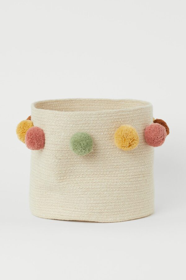 Storage Basket In Jute Decorated With Pompoms